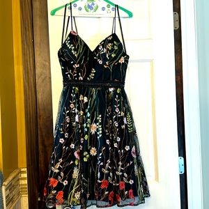 V-Neck Embroidered Floral Below the Knee Dress